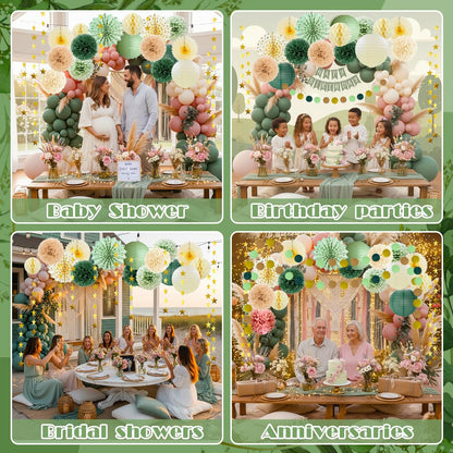 Boho Paper Decorations Set, Sage Green Party Decorations Set, Boho Neutral Baby Shower Decor, Paper Pom Poms Lanterns Honeycomb Balls Hanging Star Garland for Birthday Baby Shower Wedding Tea Party