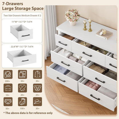 IDEALHOUSE Dresser for Bedroom with 7 Drawers, White Storage Chest of Drawers with Metal Handle, Wooden Dresser Organizer for Living Room,Closet,Entryway,Nursery