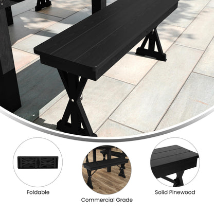 Flash Furniture Hercules Commercial Farmhouse Folding Bench, Antique Solid Pine Entryway Bench, Foldable Locking X-Legs, 40" x 12", Black Wash