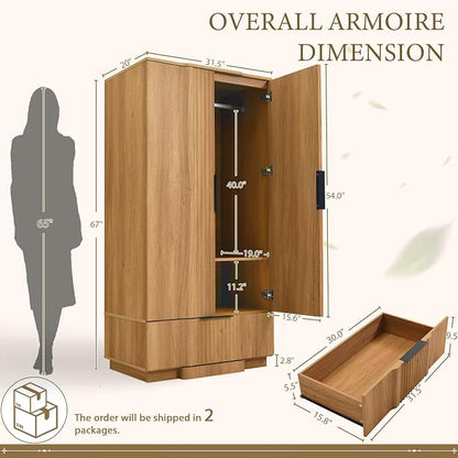 Yechen 67" Fluted Armoire Wardrobe Closet with Doors and Drawer, Wooden Wardrobe Closet Cabinet with Adjustable Shelve, Modern Small Armoires Storage Clothes, Coats for Bedroom, Natural