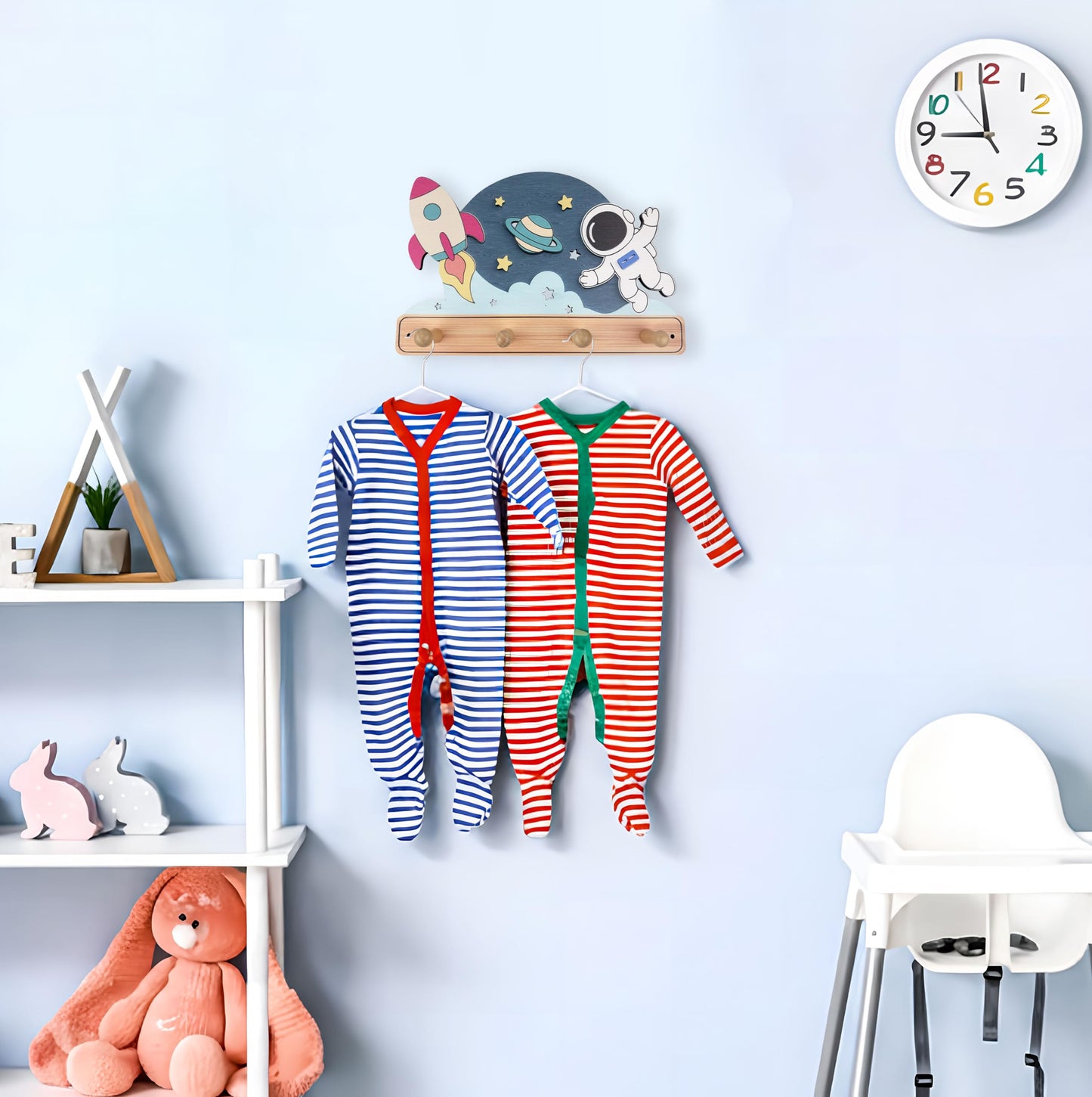 Midrean Wooden Organizer Cute Space Planet Rocket Kids Coat Rack Key Hanger Wall Mount for Coats Hats Towels Bags Hanging Decorative Wood Hook