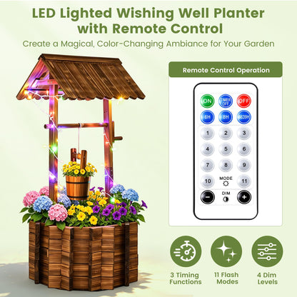 AUTO DAYA 54" Wooden Wishing Well Planter with 11-Mode LED Lights, Timer Settings, Rustic Outdoor Garden Decor with Adjustable Hanging Bucket, Drainage Base & Liner for Patio Yard Backyard