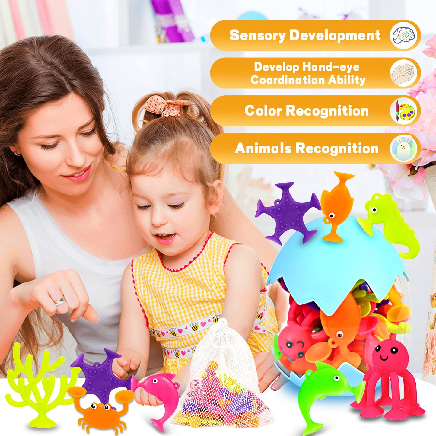 Suction Bath Toys for Kids, 18 Pcs Silicone Ocean Animal Suction Cup Toys with Eggshell & Bag, No Hole Mold Free Bath Toy, Sensory Window Building Toys for Toddlers Boys Girls 3 4 5 6 Year Old