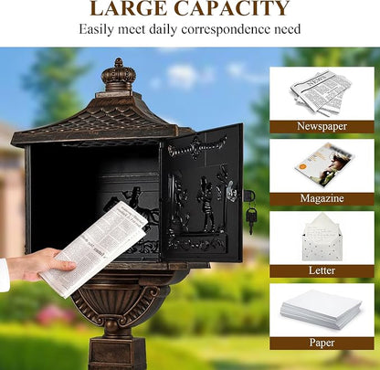 Mailbox, Heavy Duty Cast Aluminum Postal Box, Mail Box with 2 Keys for Courtyard Villa Decoration - Bronze