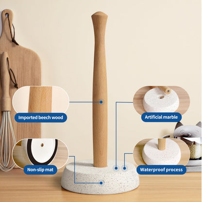 BOSHARON Kitchen Paper Towel Holder, Free Standing Cement Base with Beech Wood Rod, Modern Countertop Dispenser for Bathroom & Kitchen