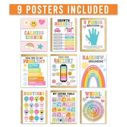 Hadley Designs 9 Calming Corner Posters for Classroom Must Haves - Calm Down Corner Supplies with Emotions Chart, School Counselor Mental Health Poster, Feelings Chart For Kids, Gold Classroom Decor