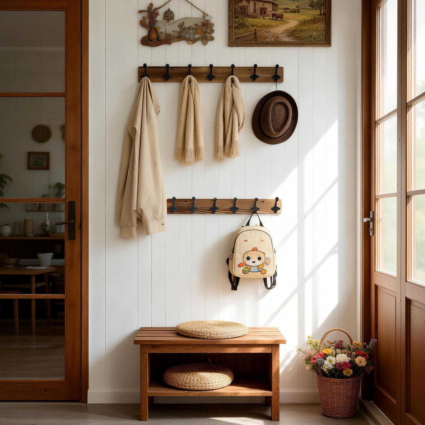 WEBI Rustic Coat Rack Wall Mount,30" Long 7 Cast Iron Coat Hooks Wall Mounted,Heavy Duty Farmhouse Wood Coat Hanger Wall Antique Vintage Hooks for Hanging Jacket,Clothes,Backpack,Brown