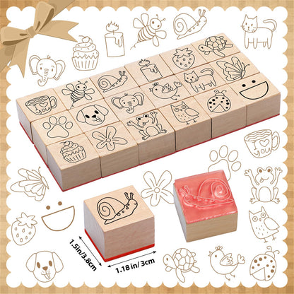 MotiMind 18 Pcs Cartoon Pattern Wood Stamps Set Wooden Rubber Holiday Stamps for Card Making Decoration and Scrapbooking Supplies
