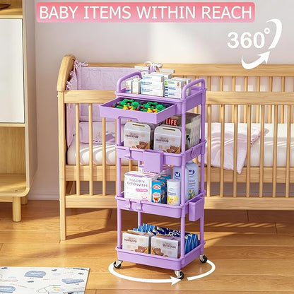 REBECAT 4 Tier Rolling Cart with Drawer, Utility Storage Cart on Wheels for Kitchen, Bathroom, Living Room,Office(Purple)