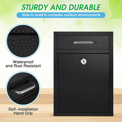 Yaocom Locking Mailbox with Key for Outdoor 12.2 x 8.5 x 3 Inches Large Wall Mount Mail Box with Lock Security Mail Drop Metal Collection Boxes Hanging Secure Postbox(Black)