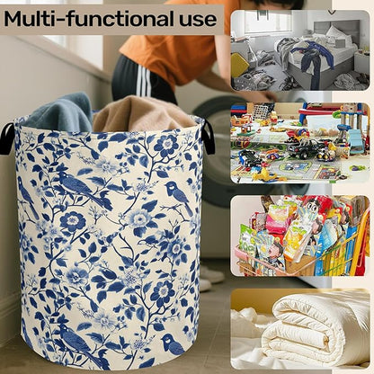 Navy Blue Beige Birds Laundry Basket