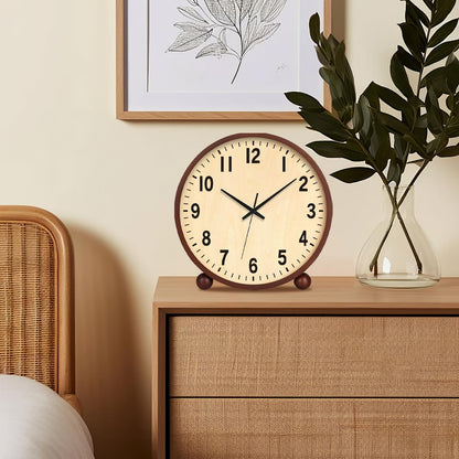 Maxspace Wooden Table Clock,8in Silent Non-Ticking Desk Clock,Battery Operated Desktop Analog Clock for Living Room Bedroom Kitchen Office Classroom Decor (Walnut)