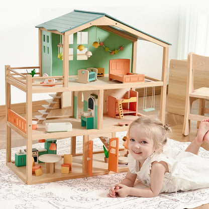Giant bean Large Wooden Dollhouse with 32 Pcs Furniture Accessories, 3-Story Doll House 5 Rooms Balcony Wooden Stairs, Ideal Dollhouse Toy for Kids Ages 3+, 30" H x 28" L x 13" W