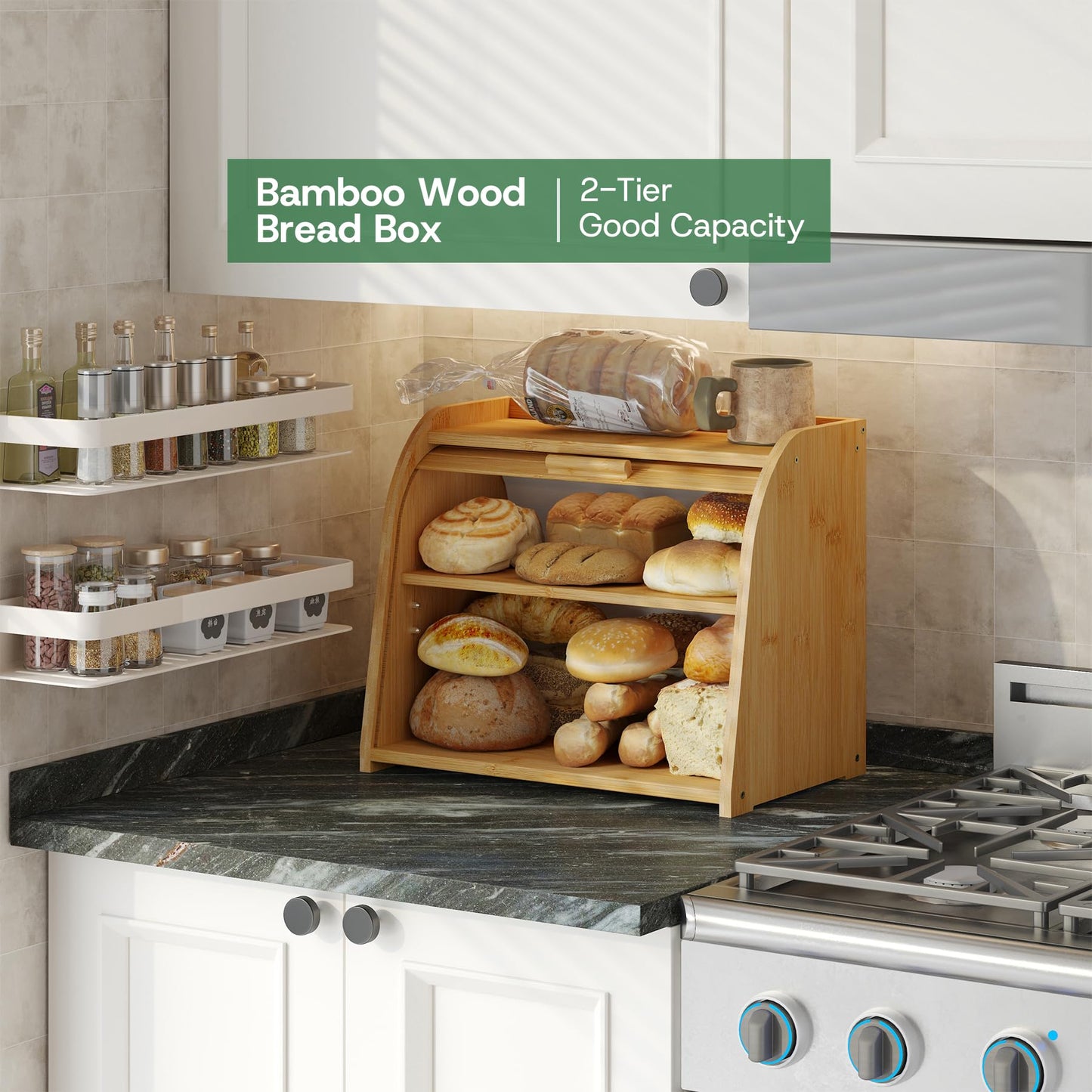 kiplant Bread Box for Kitchen Countertop, Large Bamboo Wood Bread Box, Wooden Corner Bread Storage Capacity