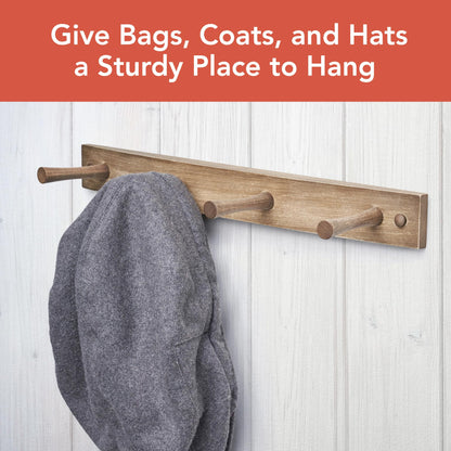 Spectrum Coat Rack Wall Mount 4 Peg Wooden Pegs Organizer for Hanging Coats Hats Bags Towels Jackets Purses, Easy Install Wall Mounted Peg Rack Hanger for Closet Entryway Bedroom Storage, Greige