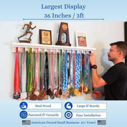 3ft Medal Hanger Display for Wall — Trophy Shelf with Hooks for Medals — 36" Solid Wood — Holds 30+ Medals + Cased Medals for Running, Gymnastics, Cheer, Karate — White- Medal Awards Rack