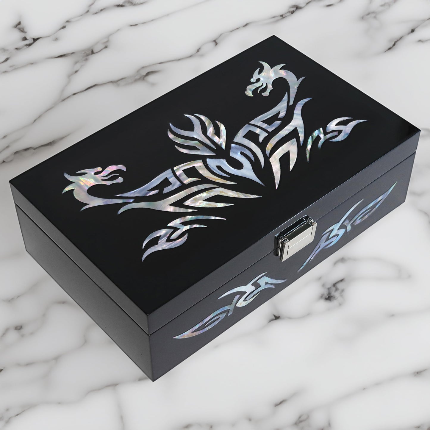 MADDesign Mother of Pearl Watch Box Jewelry Organizer Daily Storage Handmade Tribal Dragon Design (Black)