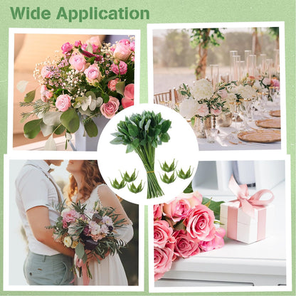 CDOKY 50 Pcs Rose Stems with Leaves & 50 Pcs Flower Calyxes Set, Fake Flower Stems Artificial Flower Sepals, Floral Arrangement Supplies, DIY Artificial Flowers Tools for Bouquet Wedding Party