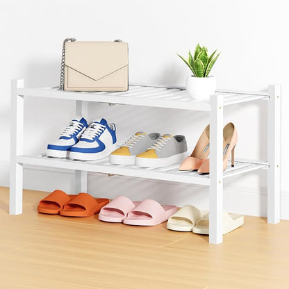 Smiry Bamboo Shoe Rack, 2 Tier Free Standing Wooden Shoe Organizer, Stackable Wood Shoe Storage Shelf for Closet, Entryway, 14 Vertical Slats, One-piece Heavy-Duty Legs, 26.8"x11"x13", White