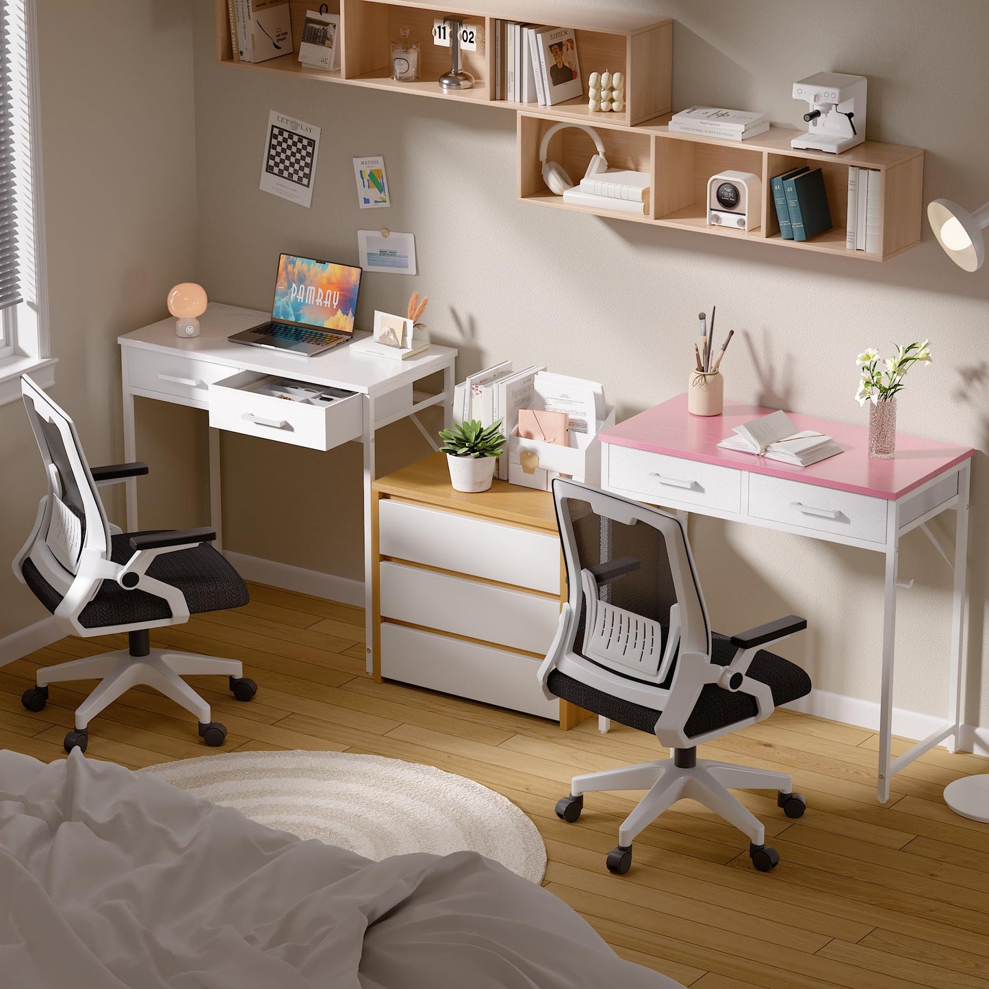 Pamray 32 Inch Small Computer Desk with 2 Drawers for Bedroom Study Writing Home Office Table for Small Spaces White