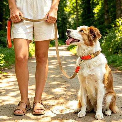 Dog Collar and Leash Set with Metal Quick Release Buckle, Adjustable, Breathable Nylon, Durable, Soft and Comfortable, No Pull for Walking and Training, Khaki, M (12.6"-19.6")