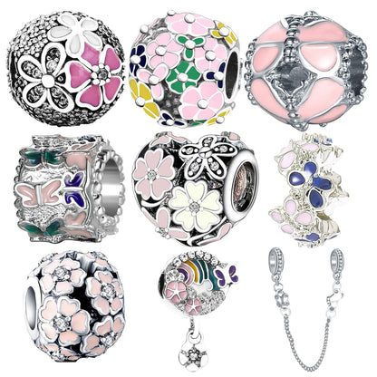awaFanee 9 Pack Silver Spacer Beads Charms fit Bracelet Butterfly Pink CZ Pendant Set Heart Enamel Cherry Blossoms