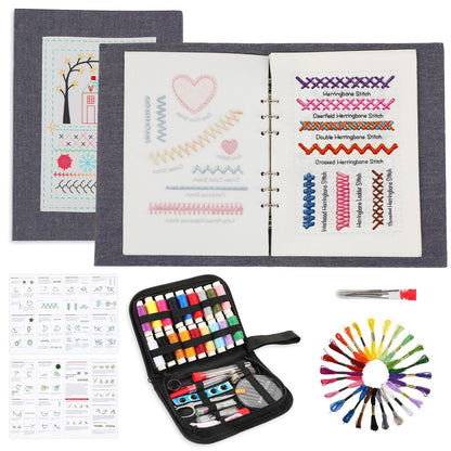 COLORCASA New Embroidery Stitch Book Kit,Embroidery Learning Book,Comes with a Complete Tool kit and Instructional Tutorial,106 Patterns for Beginners Craft Lovers and Sew Enthusiast