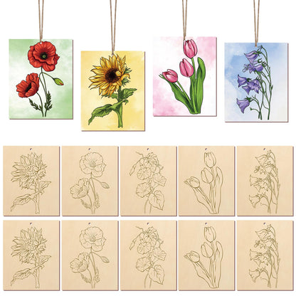COCHIE 10 Pieces Large Flowers Unfinished Wood Crafts to Paint for Adults, Bulk Predrilled Wooden Ornaments for Painting, Tulips Flower Paintable Wood Slices Craft Supplies with Ropes