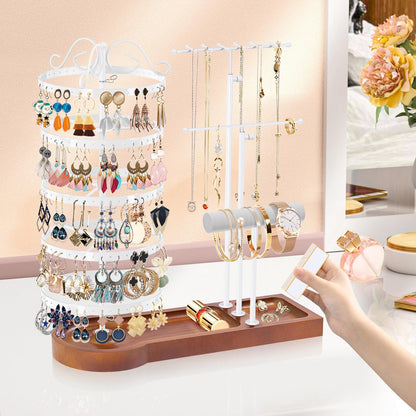 KALYLOC Jewelry Earring Holder Organizer, Adjustable 5 Tiers Rotating Earring Holder 3 Tier Necklace Holder with Wooden Base, Multi-Functional Jewelry Organizer Display Stand for Studs Bracelet Women
