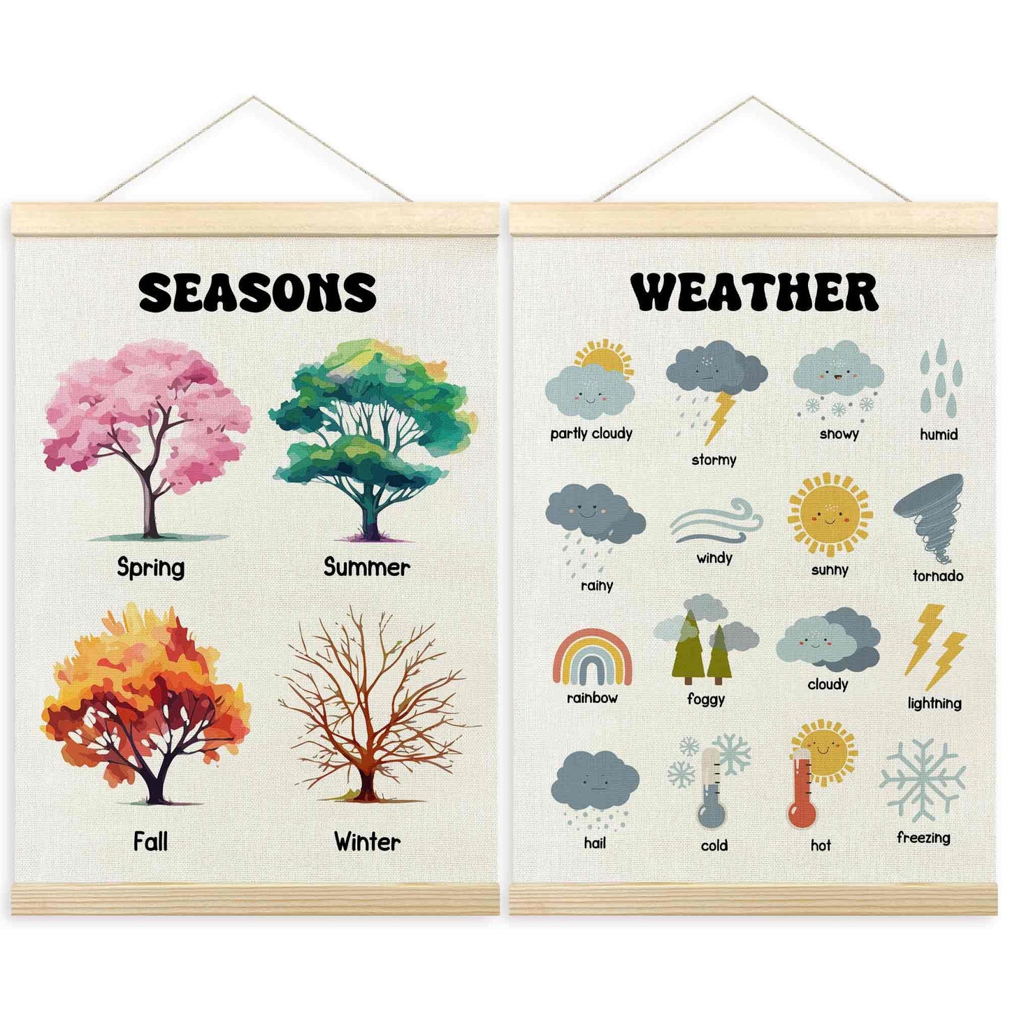 TLESKE 4 Seasons Weather Chart Poster Hanger Frame for Toddler Kid Classroom Set of 2, Homeschool Hanging Wall Art Decor for Nursery Playroom, Preschool Prek Learning Educational Poster, 12x16