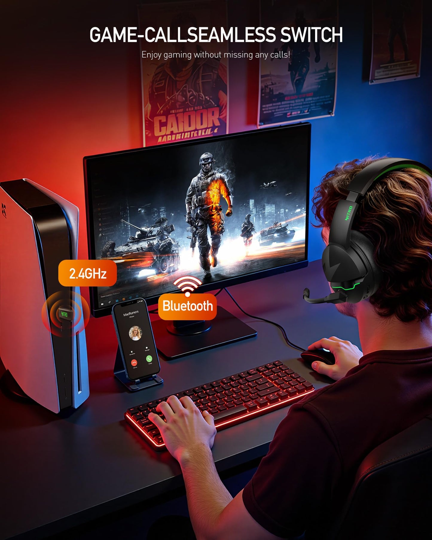 acer Wireless Gaming Headset, PS5 Headset with 2.4GHz for Ps5, Ps4, PC, Switch, Bluetooth 5.3 + 100Hrs Gaming Headphones with Noise Canceling Mic for Laptop, Mobile, Mac, 50mm Drivers (Green)