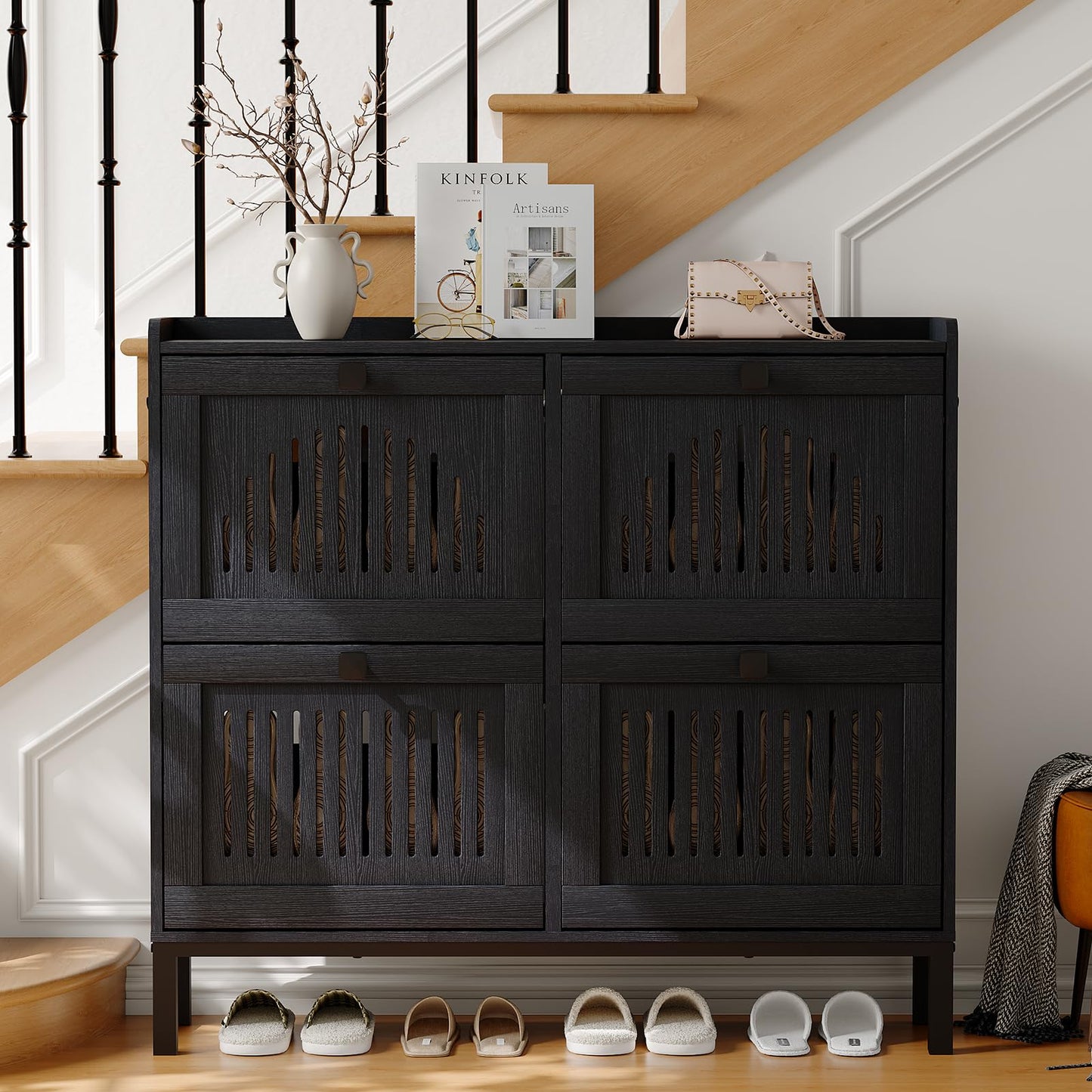4-Door Flip Front Shoe Cabinet with Adjustable Shelves – Hidden Entryway Storage Organizer for Hallway, Foyer, Living Room – Freestanding Wooden Shoe Rack with Large Capacity & Modern Design, Black