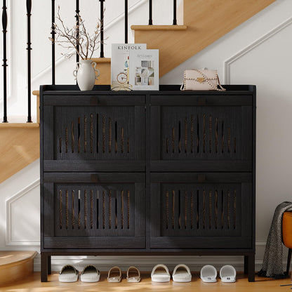 4-Door Flip Front Shoe Cabinet with Adjustable Shelves – Hidden Entryway Storage Organizer for Hallway, Foyer, Living Room – Freestanding Wooden Shoe Rack with Large Capacity & Modern Design, Black
