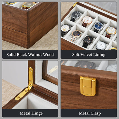 Black Walnut Watch Box for Men, 12 Slot Wooden Watch Organizer with Glass Lid, 2 Layer Watch Display Case with Drawer Jewelry Storage Box, Gift for Husband, Dad, Anniversary, Father’s Day, Women