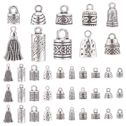 PH PandaHall Cord Ends Caps, 117pcs 10 Styles Tibetan Alloy Leather Cap Glue in Barrel End Caps Tube Crimp Beads End Caps Thread Ends for Kumihimo Jewelry Making Bracelet Necklace 4~8mm