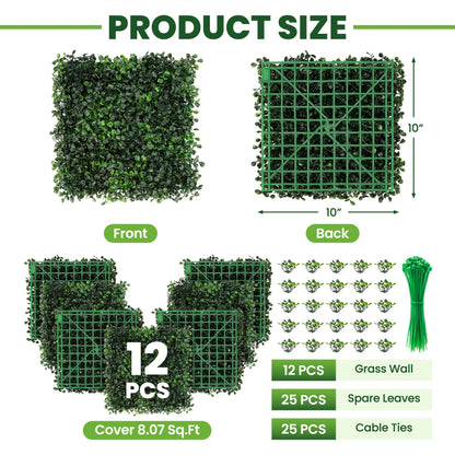 Ticanros Grass Wall 12 Pack 10"x10" Artificial Boxwood Hedge Wall Panels, Privacy Hedge Screen Faux Boxwood for Outdoor,Indoor,Garden,Fence,Backyard,Greenery Walls