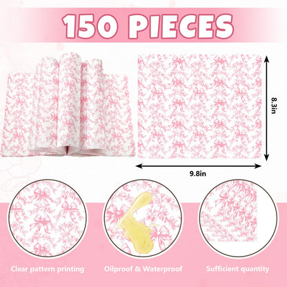 AnyDesign 150Pcs Pink Floral Bow Wax Paper Deli Paper Sandwich Wrap Tissue Vintage Chinoiserie Flower Bow Waterproof Oil-Proof Picnic Liner for Home Party Kitchen, 9.8 x 8.3 Inch