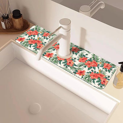 Tropical Leaves and Red Floral Kitchen Sink Splash Guard Mat Absorbent Fast
