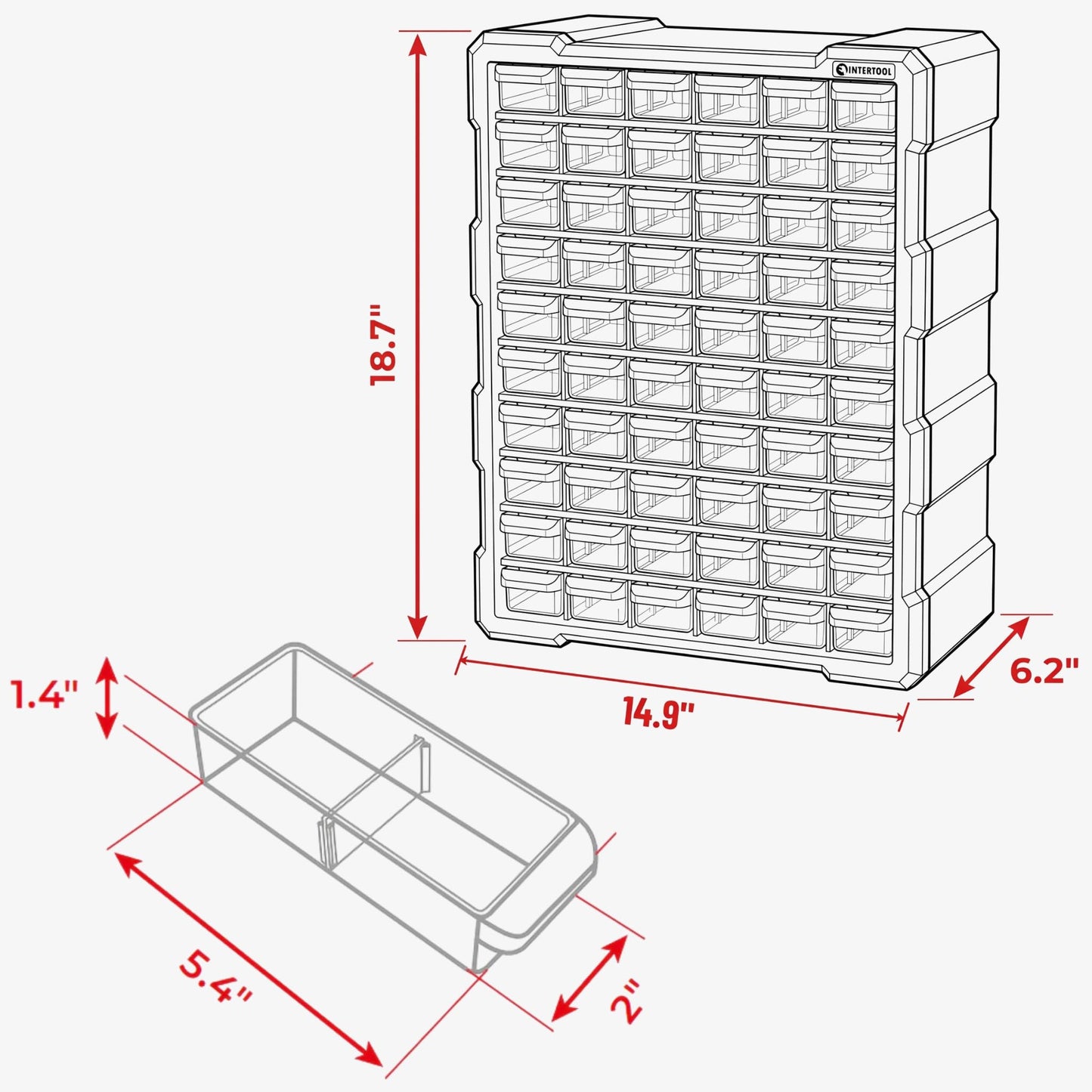 INTERTOOL Small Parts Organizer for Hardware & Screws | 60 Removable Bins with Dividers | Wall Mount or Desktop Craft & Lego Storage Cabinet | 19” x 15” x 6” BX08-4016