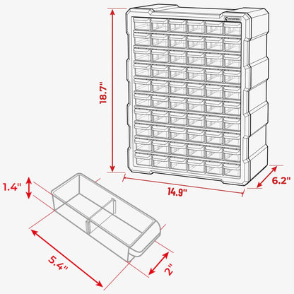 INTERTOOL Small Parts Organizer for Hardware & Screws | 60 Removable Bins with Dividers | Wall Mount or Desktop Craft & Lego Storage Cabinet | 19” x 15” x 6” BX08-4016