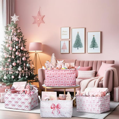 4 Pcs Pink Bow Storage Basket for Gifts Collapsible Girls Coqutte Pink Storage