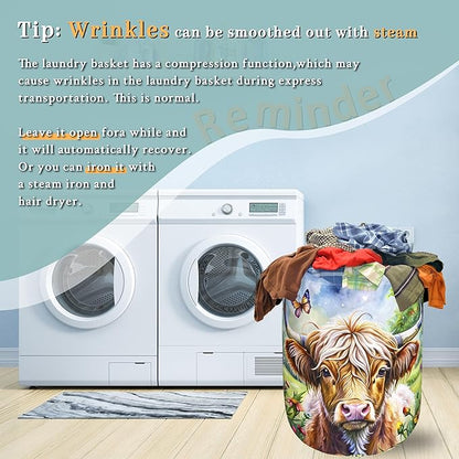 Highland Cow Laundry Basket Floral Foldable Funny Laundry Hamper Oxford Cloth