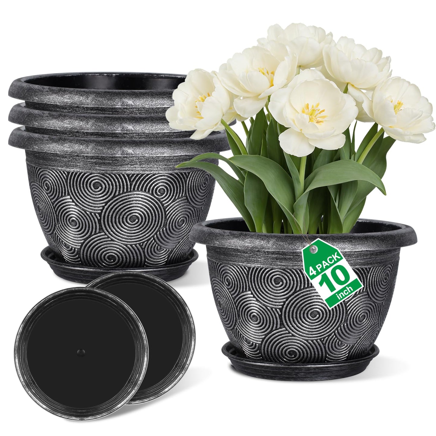 10-Inch -Plastic-Pots -For-Plant With Saucer, 4 Pack Outdoor Planters With Drainage Holes, Decorative Flower Pots For Indoor Plants, Modern 3D Swirl Silver Plant Pots With With Removable Tray