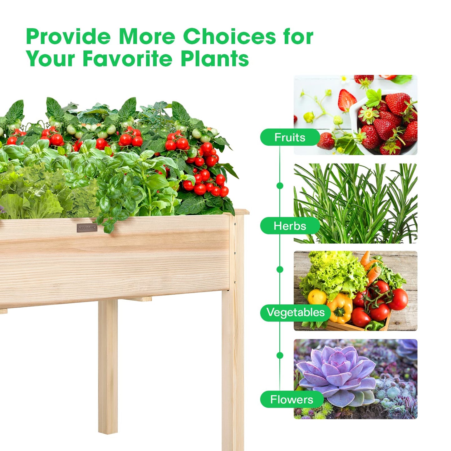 VIVOSUN Elevated Wooden Raised Garden Bed, 48 x 24 x 30 Inches, Outdoor Wood Planter Box w Bed Liner and Gloves for Garden, Patio, Balcony, Backyard and Outdoors, 220-Pound Capacity