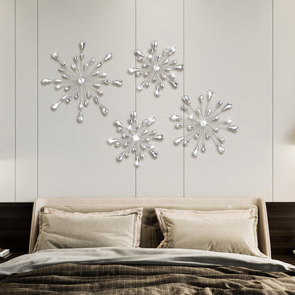 Hicarer 4pcs 3D Silver Metal Starburst Wall Decor Bling Crystal Wall Art Cast Iron Rhinestones Sunburst Decor Jeweled Hanging Glitter Diamond Accents Home Decorative for Living Room Bedroom Entryway