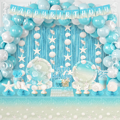 Beach Birthday Party Decorations, All-in-1 Ocean Themed Party Decorations with Balloon Arch Fringe Backdrop Seashell Bubble Garland Plates Napkins Centerpieces Cake Topper for Coastal Party, Serve 24