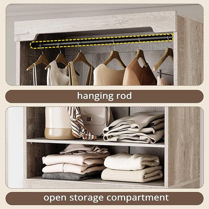 IRONCK Freestanding Closet System with 3 Wood Drawers, Modern Armoire Wardrobe with Adjustable Shelves & Hanging Rod, Walk-in Closet Systems Organizer for Small Closet, Rustic Maple
