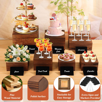Qinzave 7 Pack Wooden Risers Display Stands with Acrylic Maker Pen and Mini Sign, Food Risers for Buffet Table Shelf Display Stand for Party Catering Dessert Cupcake Jewelry