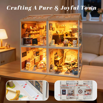 Loyratche DIY Pet Cat Miniature House Kit, Mini Dollhouse with Furniture & LED Light with Roof & Dust Covers Tiny House Toy for Adults
