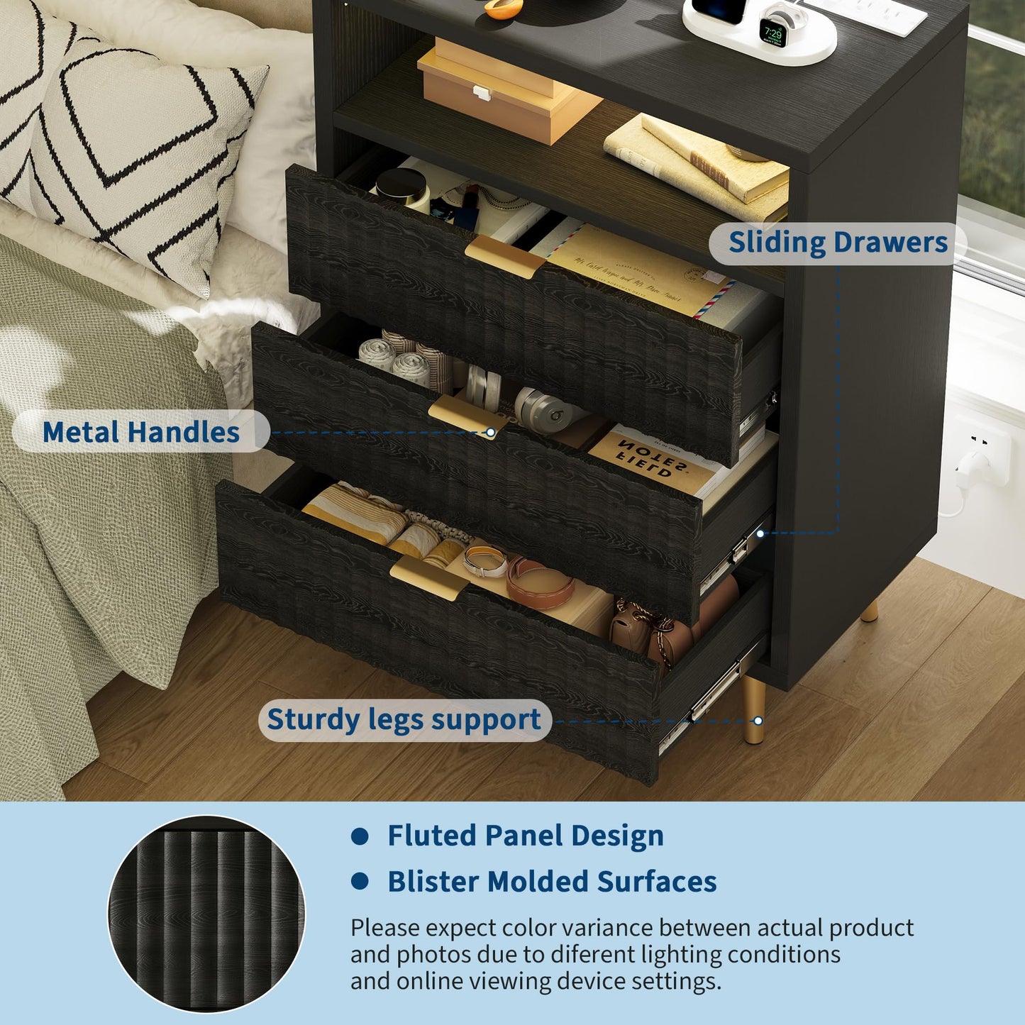 3 Drawers Dresser for Bedroom, 28" W Wooden Dresser with LED Lights and Charging Station, Fluted Wood TV Stand with Gold Handle, Modern Chest of Dressers for Closet, Living Room, Hallway, Black